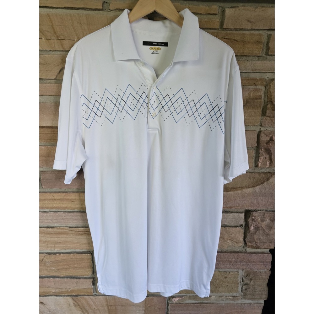 Greg Norman Play Dry Size XL Golf Shirt White Blue Black Accent Design